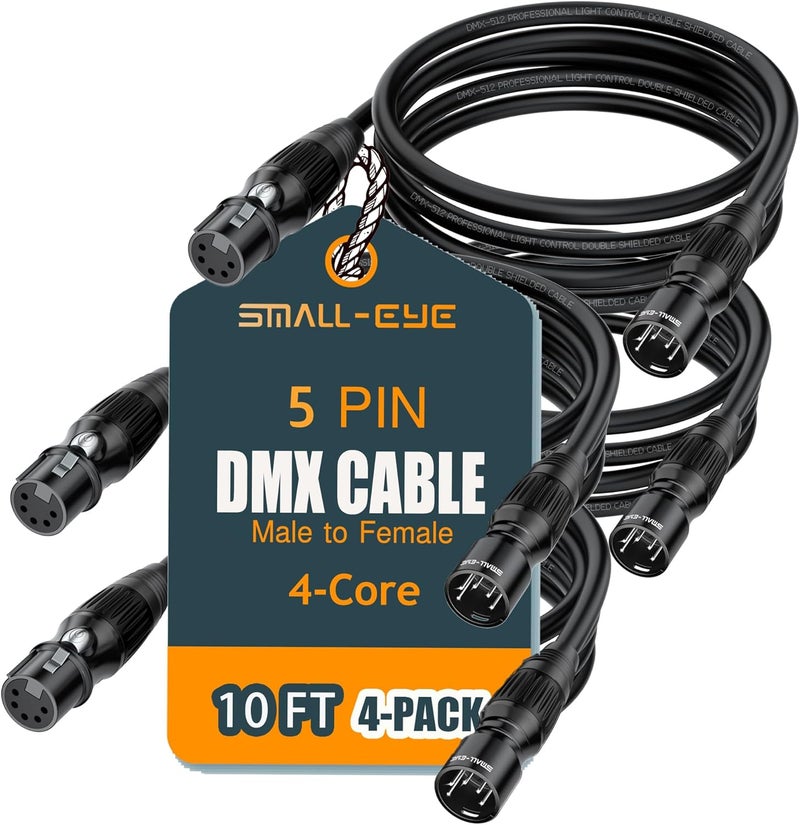 SMALL-EYE 5 Pin DMX Cable 10ft 4 Pack – 4-Core Male to Female Stage Lighting DMX512 Cable (10') - Image 1